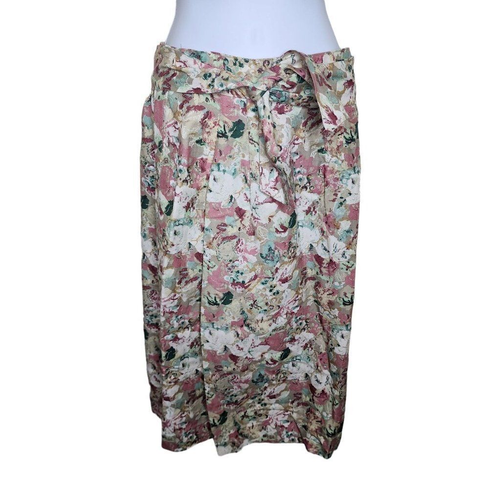Vintage 80s Wrap Pencil Skirt Pockets Womens Size M Green Pink Floral Romantic